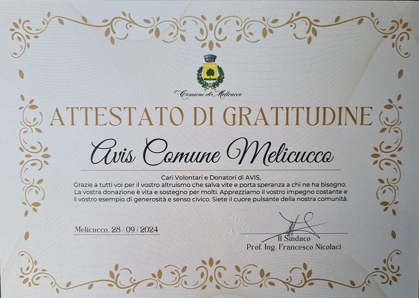 attestato gratitudine avis melicucco